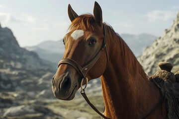 Obraz premium brown horse with a white mark on its forehead, full-body, cinematic shot.
