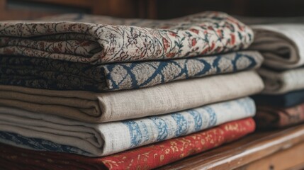 Stacked printed fabrics on wooden shelf