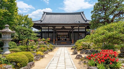 Fototapeta premium Serene temple garden path, Japan, summer, flowers, tranquility, travel brochure