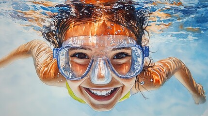 Fototapeta premium A hand-drawn watercolor portrait of a joyful girl learning to dive underwater 