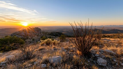 Obraz premium Golden Sunrise Over Desert Mountain Landscape