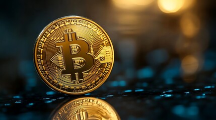 Glowing Bitcoin on a reflective black surface