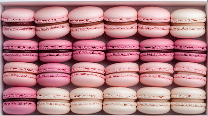 Obraz premium Elegant arrangement of pink and white macarons showcasing a gradient design in a beautiful display box.Food background, pastry shop, French macaroon dessert