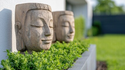 Obraz premium Wooden Buddha heads garden decor
