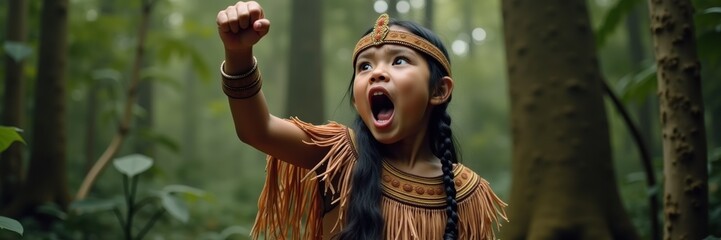 A spirited young Maori child performing a passionate haka in a lush forest, embodying culture, strength, and heritage.