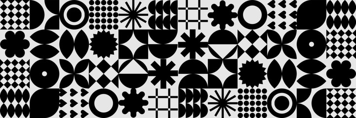 A bold black-and-white geometric pattern set with dynamic shapes, including circles, stars, and squares. Ideal for modern designs, backgrounds, and abstract visuals.