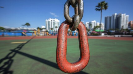 Rusty chain link playground city backdrop