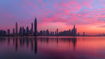 Obraz premium Pink And Purple City Skyline Sunset Reflection