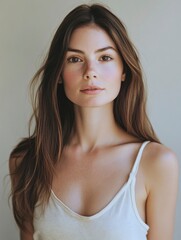 Naklejka premium young woman with long brown hair, wearing an off-white tank top