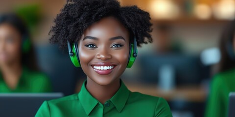 An African woman call center agent, wearing a green blouse, smiling brightly while using a headset and laptop for customer service. Ideal for stock use in tech, 