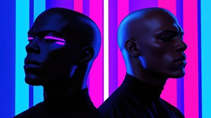 Neon-lit male models, studio, vibrant background, fashion