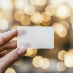 hand holding blank transparent business card/ mockup/template in blurred golden bokeh background