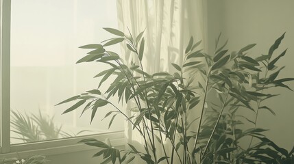 Fototapeta premium Plant, sunlit room, window, morning, peace, home, interior, calm, serene, design