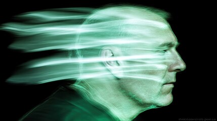 Obraz premium Man, profile, green, light streaks, studio, memory, concept, thought