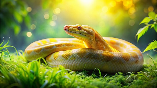 Majestic Yellow Python Regulus on Lush Green Grass - Double Exposure Stock Photo