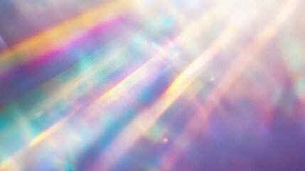  Soft iridescent light reflections with dreamy pastel hues, perfect for ethereal backgrounds and creative abstract designs. Natural prismatic glow and shadows. Copy space	