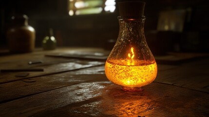 Glowing potion bottle on rustic table, dark workshop background, fantasy game asset