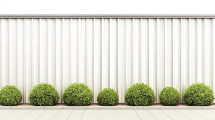 Modern white metal fence with green shrubs