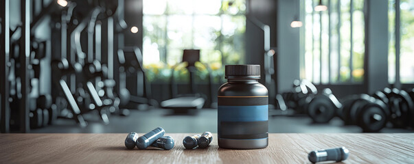 Fitness Supplement Mockup in Modern Gym Environment with Workout Equipment Background