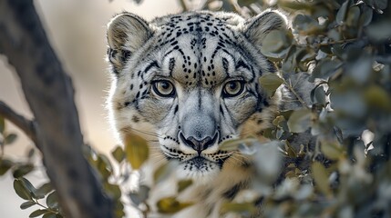 Obraz premium Snow leopard, peering, foliage, mountains, wildlife, nature, conservation poster