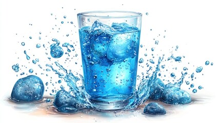 Refreshing Iced Blue Water Splash in Glass