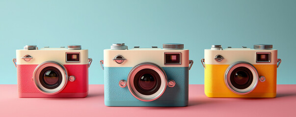 Obraz premium Retro-Inspired 3D Mockup of Vintage Instant Cameras with Aesthetic Colors and Design