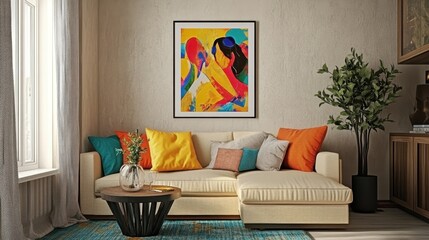 Modern living room featuring a colorful abstract art piece