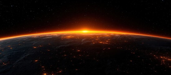 Obraz premium Earthrise sunrise space view; night city lights