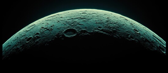 Iapetus's cratered surface, seen from space, dark background, science