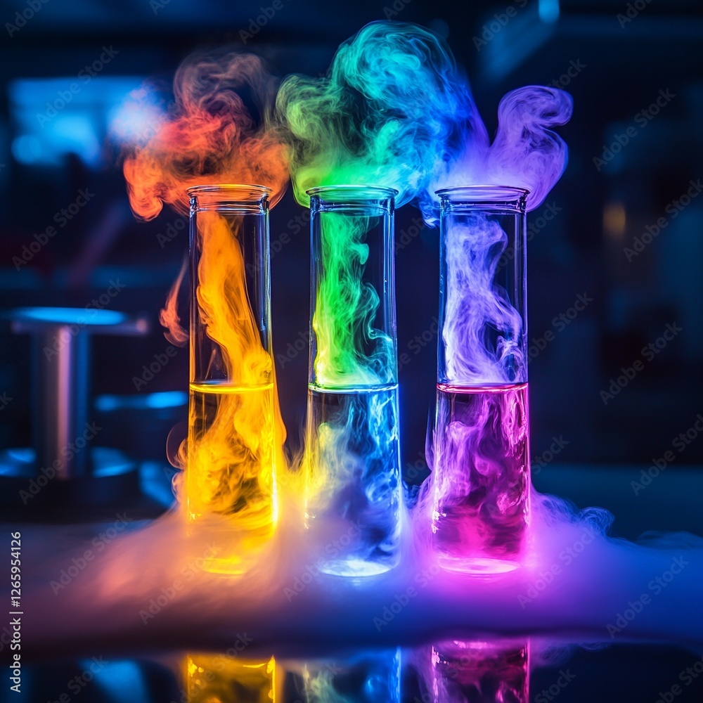 Poster a dynamic laboratory scene featuring glassware filled with colorful liquids and swirling smoke, depi