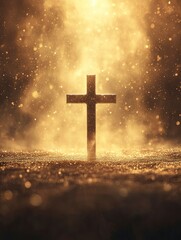 Fototapeta premium a cross stands in the center of an empty space, with golden dust falling from above and shining on it. The background features a blurred scene with light effects. 