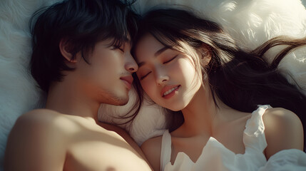 Tender Moment: Asian Couple in Warm Embrace on Fluffy Pillows