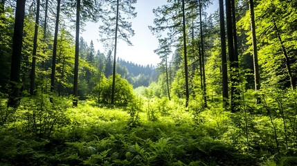 Obraz premium Lush Green Forest Path Sunlight Dappled Through Trees