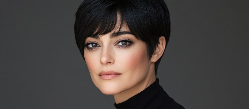 Woman's black pixie haircut, studio portrait, neutral background, headshot