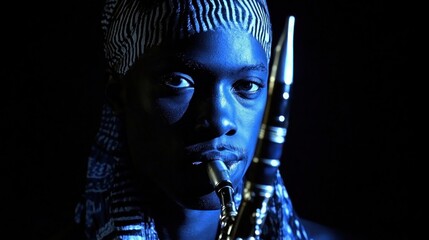 Blue-lit musician holding clarinet, dark background, portrait, music album art
