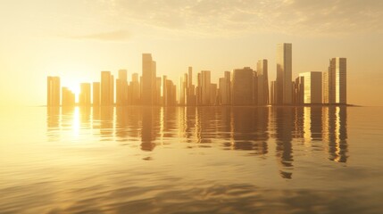 Fototapeta premium Sunset cityscape island reflection, coastal urban development, sunrise