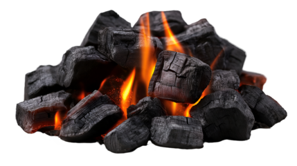 Black Charcoal Briquettes Glowing Embers, Hot Fire for BBQ and Grill Displays, isolated on transparent background.