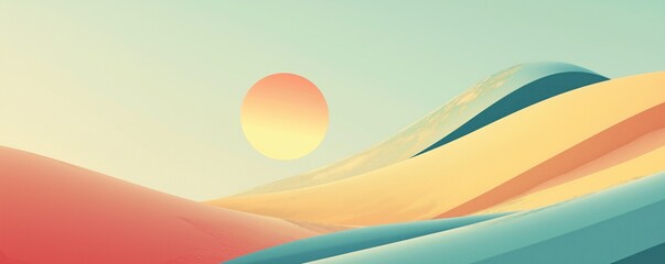 Abstract desert landscape with sand dunes and sun in  pastel colors, vector illustration with simple shapes and smooth curves banner. Suitable as art print, adding warmth to any room decor.