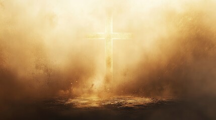 Naklejka premium The cross is shining in the golden light, with dust floating around it. The background features an abstract texture of gold and white. 