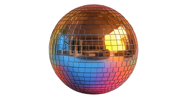 Reflective Disco Ball Gradient Shiny Sphere, 3D Party Light for Dance and Music, isolated on transparent background.