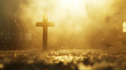 cross stands on the ground, with golden light shining from behind it. The background is blurry and has an ethereal feel. 