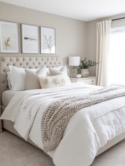 Obraz premium Serene bedroom featuring neutral tones artwork and luxurious bedding