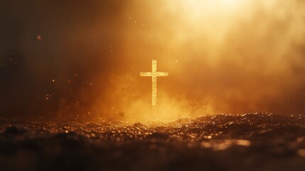 Naklejka premium cross stands on the ground, with golden light shining from behind it. The background is blurry and has an ethereal feel. 