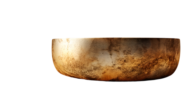 Golden Bowl Rustic Antique Design, Aged Metal Dish for Modern Home Decor, isolated on transparent background.