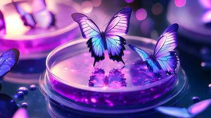Vibrant scene featuring iridescent butterflies emerging from petri dish filled with glowing purple substance, surrounded by soft, enchanting atmosphere. Iridescent Butterfly Swarms. Illustration