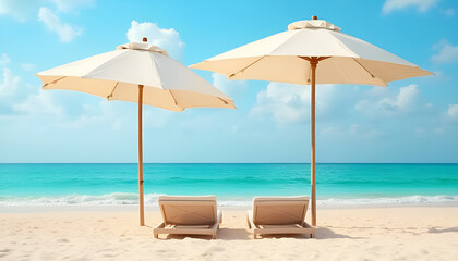 Beach loungers under white umbrellas on sandy shore with turquoise sea and blue sky
