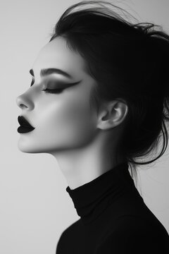 Beautiful vampire woman with black lipstick and her hair in bun in profile, wearing black turtleneck sweater against white background. Gothic fashion photography in monochrome palette.