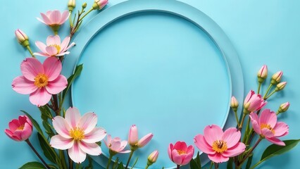 Hello spring banner with round frame and various flower on blue background