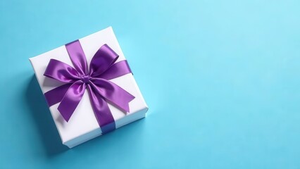 White gift box with a purple ribbon bow are in the frame on blue background. Valentines day concept. Flat lay top view stop motion animation with space for text