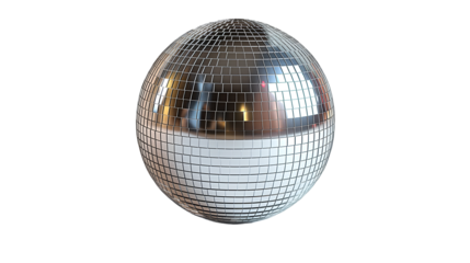 Silver Disco Ball Festive Party Reflection, Retro Dance Light for Nightclub Themes, isolated on transparent background.
